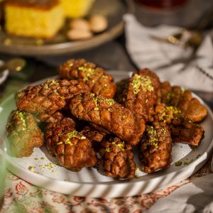 Maarcoon – Classic Lebanese fried semolina dough dessert dipped in syrup, crafted to order from our bakery in Sterling, Virginia